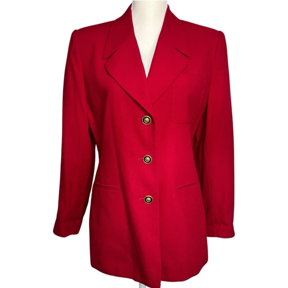 Kasper ASL Petite Red Women’s Blazer Size 10P Gold Black Metal Buttons Vintage